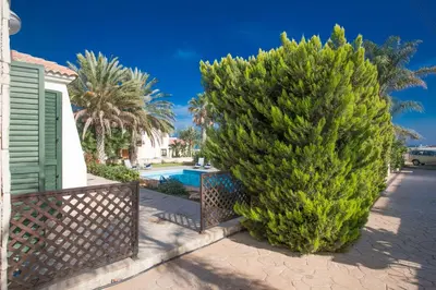 a pair of trees in front of a house with a fence at Protaras Holiday Villa Jo78 in Paralimni