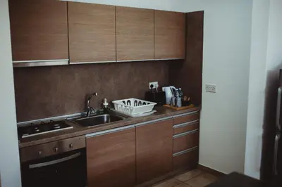 a kitchen with wooden cabinets and a sink at Ovis Hotel Apartments in Ayia Napa