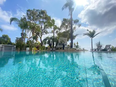 a large swimming pool with blue water and palm trees at Mediterranean View Villa in Protaras