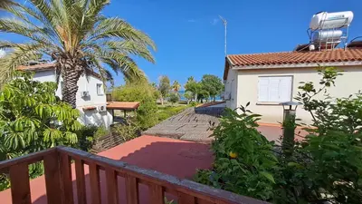 a balcony of a house with a palm tree at Comfortable 2BR Seaside House & Free Parking in Larnaka
