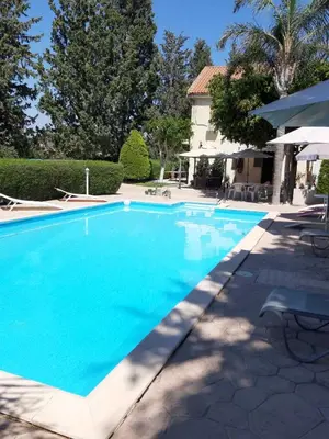 a large blue swimming pool in front of a house at Zena Holiday Villa in Pissouri