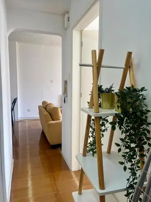 a living room with a couch and a shelf with plants at 1BDR Affortable and Cozy Stay in Nicosia - Ioanni Polemi By Platform 357 in Nicosia