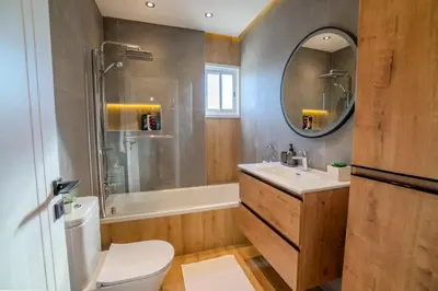 a bathroom with a toilet and a sink and a shower at Perfect for families, Beach 3 Min away, Brand New in Limassol