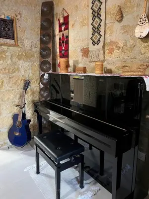a black piano in a room with a guitar at Cosy Piano village cottage in Pachna in Pachna