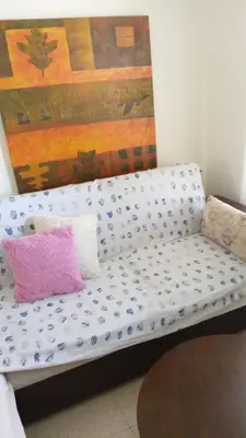 a white couch with two pillows and a painting at 2 bedroom apartment in Makenzi in Larnaka