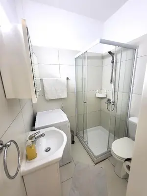 a bathroom with a shower and a sink and a toilet at Mattis Seafront Beachhouse in Pervolia