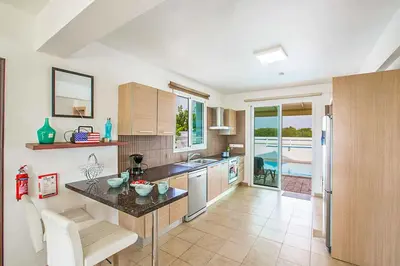 a kitchen with a counter and a sink and a refrigerator at Villa Cayenne in Protaras