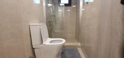 a bathroom with a toilet and a shower at Chic Elegance Meets Village Gem in Pelendri