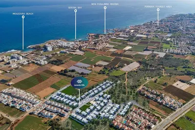 an aerial view of a parking lot next to the ocean at Villa Genesis in Protaras