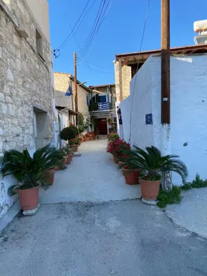 an alley with potted plants next to a building at Endless Sunset in Pendakomo