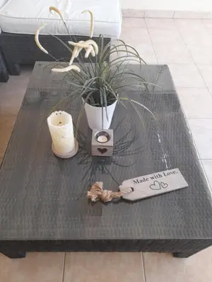 a coffee table with a potted plant on it at Welcome to Thea Court in Paralimni