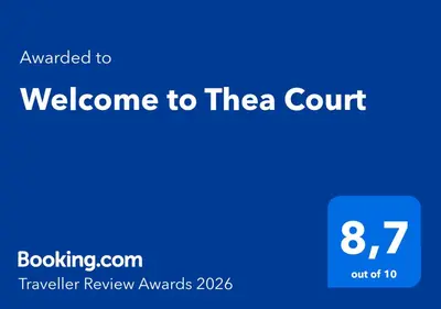 a blue screen with the text welcome to theta court at Welcome to Thea Court in Paralimni