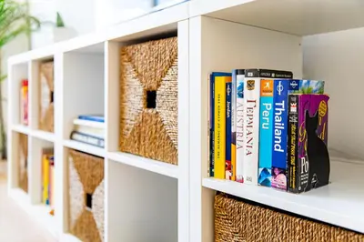 a book shelf filled with books at City Center Apartment in Nicosia