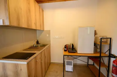 a small kitchen with a sink and a refrigerator at Fikardou Chalets in Phikardhou