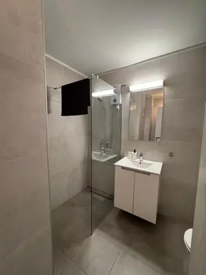 a bathroom with a white sink and a shower at Cityscape Urban Apts in Nicosia