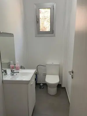 a bathroom with a toilet and a sink and a window at Marianna's House in Galata