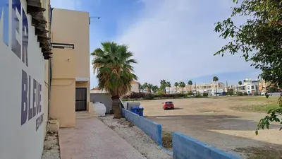 a palm tree in a parking lot next to a building at Seaside 2BR Apartment 30m from Sea & Free Parking in Voroklini