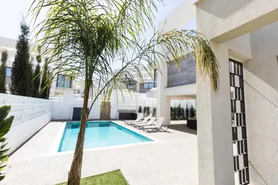 a palm tree in front of a house with a swimming pool at Luxury Panorama Villa Protaras in Protaras