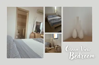 a collage of photos of a bedroom with a bed at Villa Hera in Ayios Theodhoros