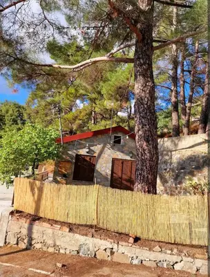 a house behind a fence next to a tree at Butterfly Home in Platres