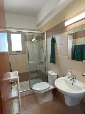 a bathroom with a toilet and a shower and a sink at Villa TaMalDi side sea view - new renovated! in Paralimni