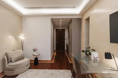 a living room with a chair and a television at 16 EXECUTIVE SUITES in Nicosia