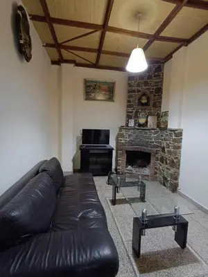 a living room with a leather couch and a fireplace at Galata's Bridge Hotel in Galata