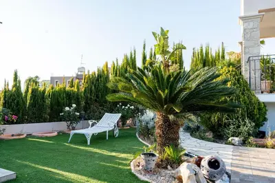 a garden with a palm tree and a white chair at ROSE VILLA - 3 BED POOL in Episkopi Lemesou