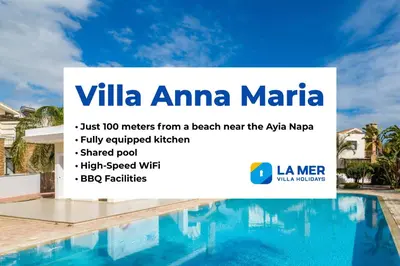 a sign for a villa amma marina with a swimming pool at Villa Anna Maria in Ayia Napa