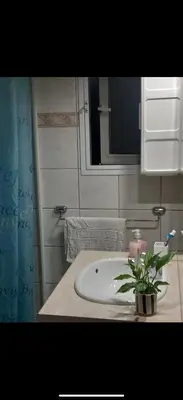 a bathroom sink with a potted plant on a counter at Sea view in Limassol
