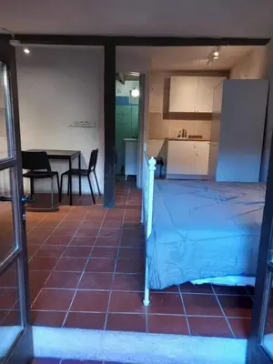 a bed in a room with a kitchen and a table at Πετροκτιστο in Kakopetria