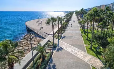 a walkway next to the ocean with palm trees at Pavlos Place - Blue Haven in Limassol