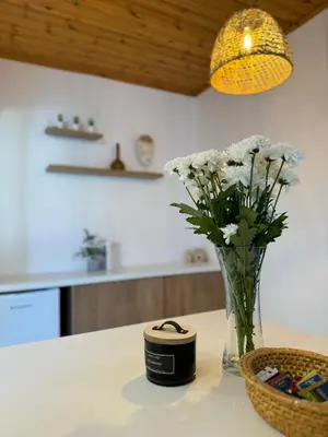 a vase of flowers sitting on a counter with a candle at Pirella House in Limassol