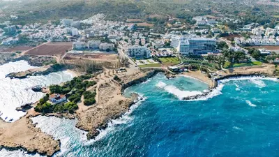 an aerial view of the beach and the ocean at Green Bay Villa #17 in Protaras