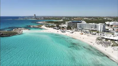 an aerial view of a beach and the ocean at Nissi Golden Sands Privileges Apt in Ayia Napa