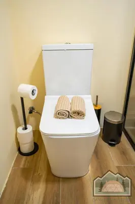 a bathroom with a toilet with two towels on it at Dome in Nature in Larnaka