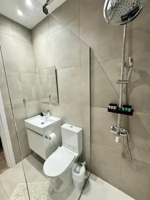 a small bathroom with a toilet and a shower at Protaras Rustic Paradise Luxury Villa 1 in Paralimni