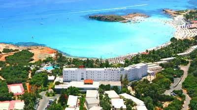 an aerial view of a resort and a beach at Ayia Napa Holiday Villa 003 in Ayia Napa
