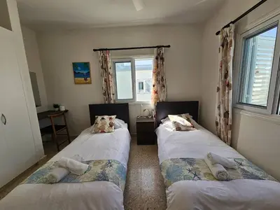 a bedroom with two twin beds with pillows on them at Ammos Beachfront Villa Paradise in Larnaka