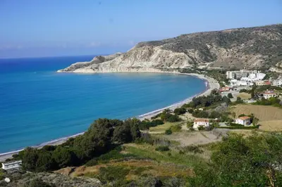 a view of the beach from a hill at Skeleas Apartments in Pissouri