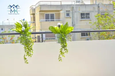 two plants in a pot on a white wall at SeaWitch Apartment in Larnaka