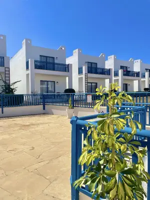 a blue fence with a plant in front of a building at Kritamo Beach Hotel Apartments in Ayia Napa