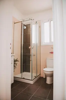 a bathroom with a shower and a toilet at Mercury Apartment in Livadhia