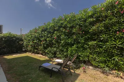two chairs and a bench in front of a bush at Pernera Nest in Protaras