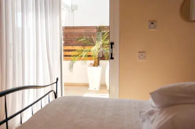 a bedroom with a bed and a window with a plant at Mermaid Villa 16 in Ayia Napa