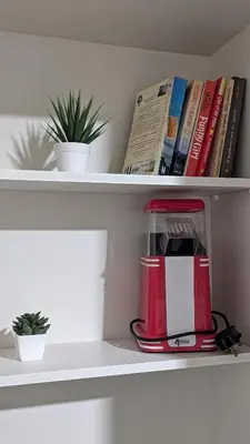 a shelf with a blender and books on it at Under the Palms in Nicosia