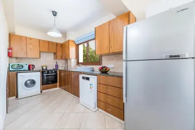 a kitchen with wooden cabinets and a refrigerator at Villa Sarah in Ayia Napa