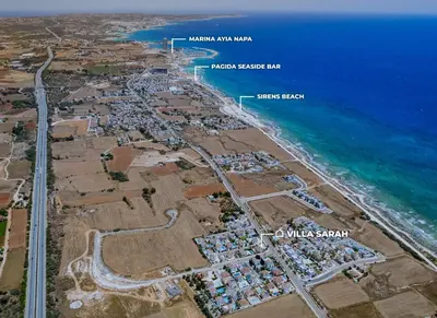 an aerial view of a resort next to the ocean at Villa Sarah in Ayia Napa