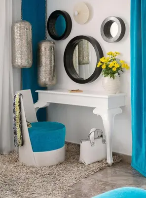 a white desk with a chair and a mirror at Dazzling Protaras Villa Villa Akame 3 Bedrooms Beachfront in Protaras