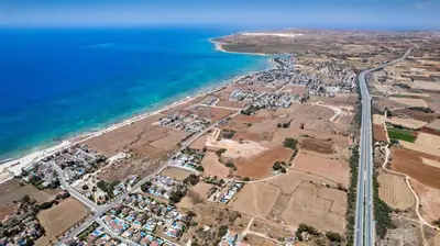 an aerial view of a beach and the ocean at Villa Stephanie Oasis in Ayia Napa